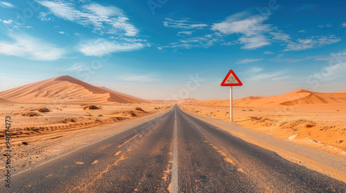 A road sign warning of the long stretch of desert road ahead, with endless sand dunes and a solitary road stretching out under the midday sun