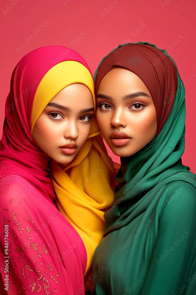 Joyful young Muslim women radiating positivity in vibrant hijabs Joyful young Muslim women radiating positivity in vibrant hijabs
