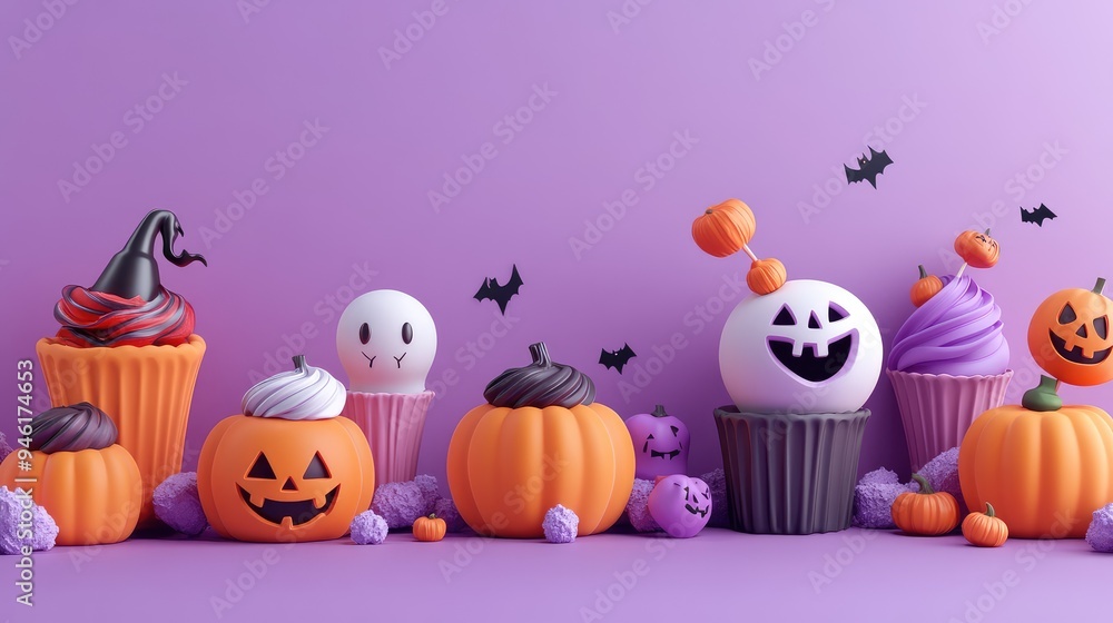 3D cartoon Halloween treats with a clean, flat color background and cute, whimsical design elements. 3D cartoon Halloween treats with a clean, flat color background and cute, whimsical design elements.