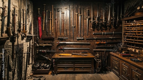 An arsenal of vintage weapons and swords displayed in a museum, highlighting historical artifacts. photo