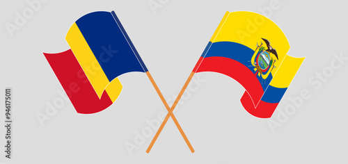 Crossed and waving flags of Romania and Republic of Ecuador