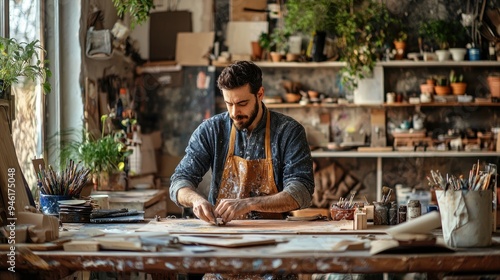 An artist in a creative workspace, experimenting with different materials and textures for a new project.