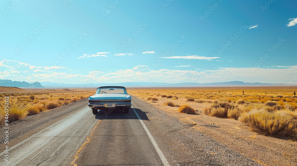 A retro car parked on the side of a deserted desert road, with tumbleweeds rolling by, the road stretching endlessly into the horizon under a bright blue sky A retro car parked on the side of a deserted desert road, with tumbleweeds rolling by, the road stretching endlessly into the horizon under a bright blue sky