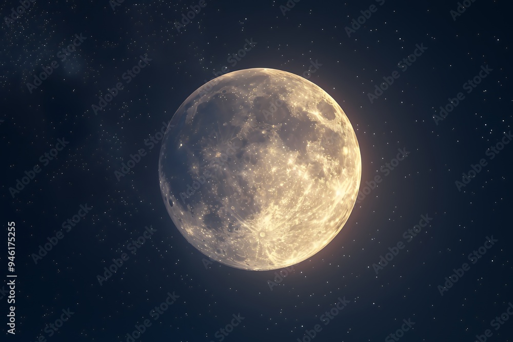 A bright full moon illuminated against a starry night sky. A bright full moon illuminated against a starry night sky.