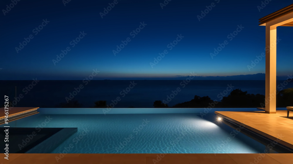 Fototapeta premium luxurious home with swimming pool, outdoor living concept with private oasis, modern minimalist architecture design looking out to the horizon in the evening