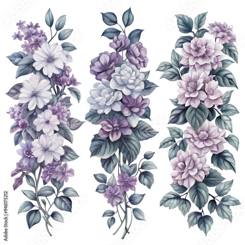 Vertical Arrangements of Watercolor Flowers and Leaves in Soft Purple and Green