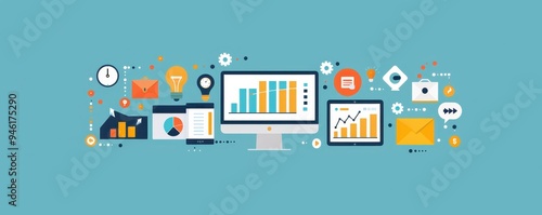 Digital marketing concept with graphs, charts, and icons on multiple devices showcasing data analysis and business strategy.