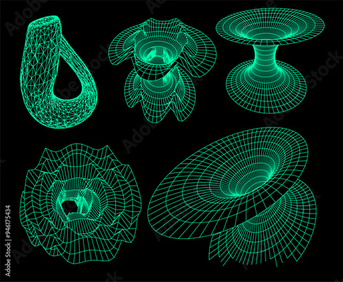 A set of wireframe illustrations of tunnels and Klein's bottle. Conceptual vector illustrtion of time-space 4D curvature and wormholes.