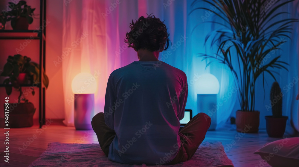 A person sitting in a cozy corner, using social media to connect with a mental health community, surrounded by calming colors and soft lighting A person sitting in a cozy corner, using social media to connect with a mental health community, surrounded by calming colors and soft lighting