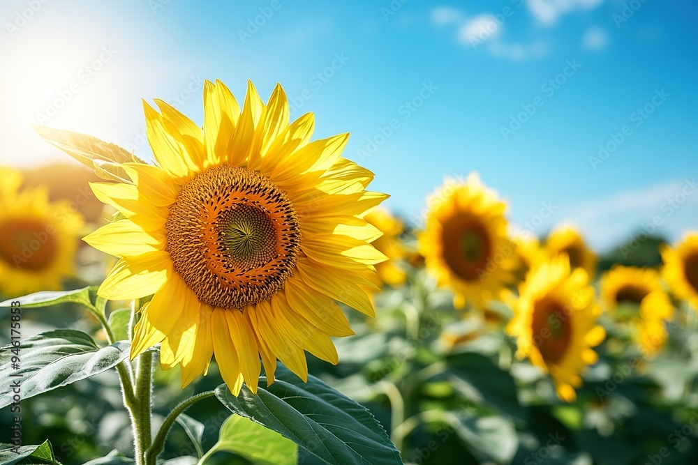 Fototapeta premium A blooming sunflower field under a bright blue sky, with the flowers all facing the sun