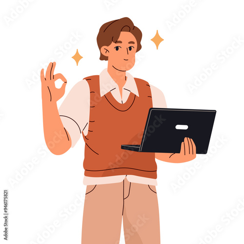 Young man with laptop shows approval hand gesture. Happy employee with sign of OK, Okay, Good. Business person with symbol of success, win. Flat isolated vector illustration on white background