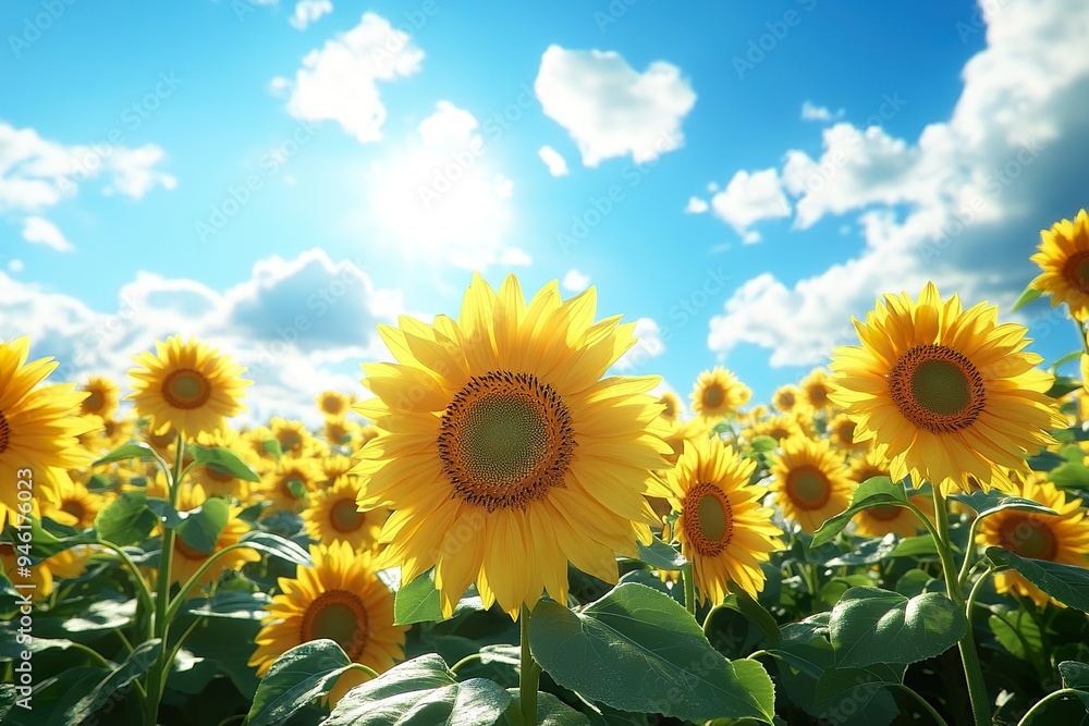 Obraz premium A blooming sunflower field under a bright blue sky, with the flowers all facing the sun