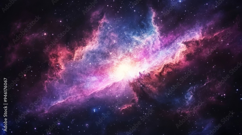 Naklejka premium Vivid galactic cloud nebula showcasing vibrant colors in the starry cosmos of the universe