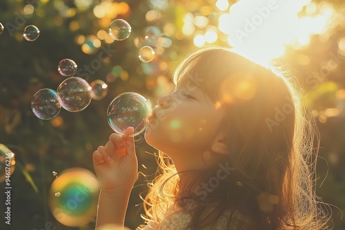 A child blowing bubbles in a sunlit garden, with the bubbles reflecting rainbows of color