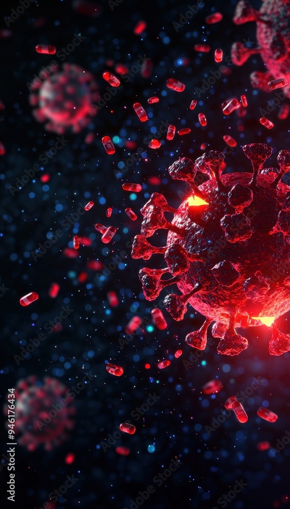 Abstract representation of a virus in a dark environment, showcasing intricate details and vibrant colors for educational and scientific use. Abstract representation of a virus in a dark environment, showcasing intricate details and vibrant colors for educational and scientific use.