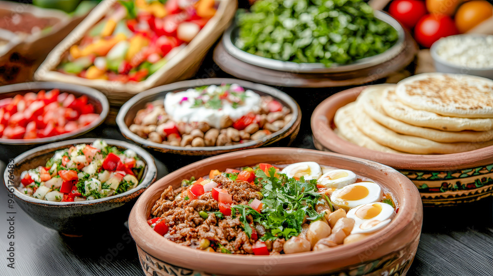 A Taste of Kuwait A Lavish Display of Traditional Kuwaiti and Arabic Cuisine Showcasing a Rich Variety of Dishes in an Opulent Dining Setting Celebrating Culinary Heritage and Flavors. A Taste of Kuwait A Lavish Display of Traditional Kuwaiti and Arabic Cuisine Showcasing a Rich Variety of Dishes in an Opulent Dining Setting Celebrating Culinary Heritage and Flavors.