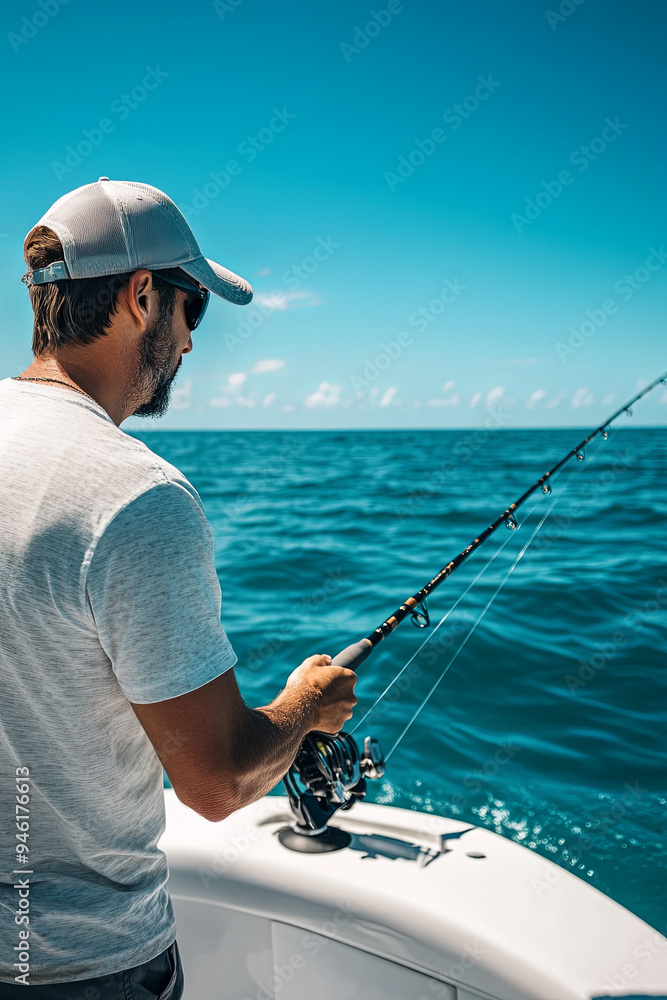 Obraz premium Fishing man sport fishing spinner shark on catch release fish activity boat tour pulling line. Fisherman outdoor in Everglades, Florida. Summer leisure recreation 