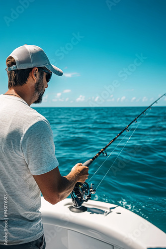 Fishing man sport fishing spinner shark on catch release fish activity boat tour pulling line. Fisherman outdoor in Everglades, Florida. Summer leisure recreation
 photo