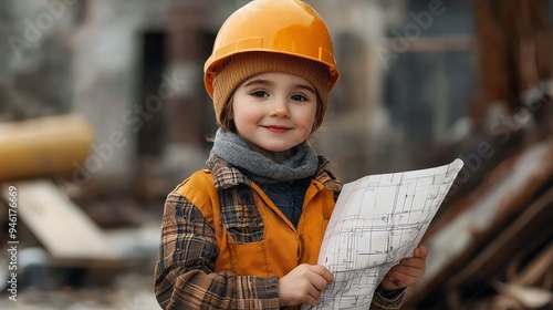 Boy as a construction worker, holding a blueprint, building site photo