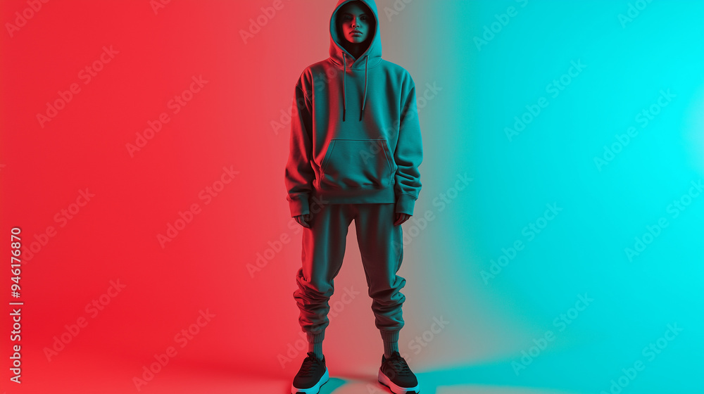 Young model wearing hoodie and sweatpants posing under red and blue lights Young model wearing hoodie and sweatpants posing under red and blue lights