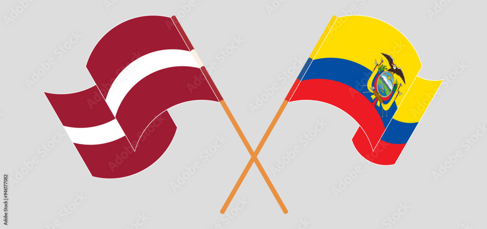 Crossed and waving flags of Latvia and Republic of Ecuador Crossed and waving flags of Latvia and Republic of Ecuador