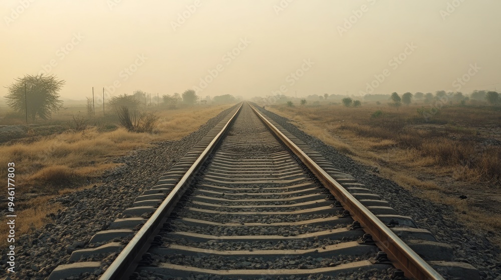 A long stretch of railway tracks disappearing into the distance, with no trains or people in sight A long stretch of railway tracks disappearing into the distance, with no trains or people in sight