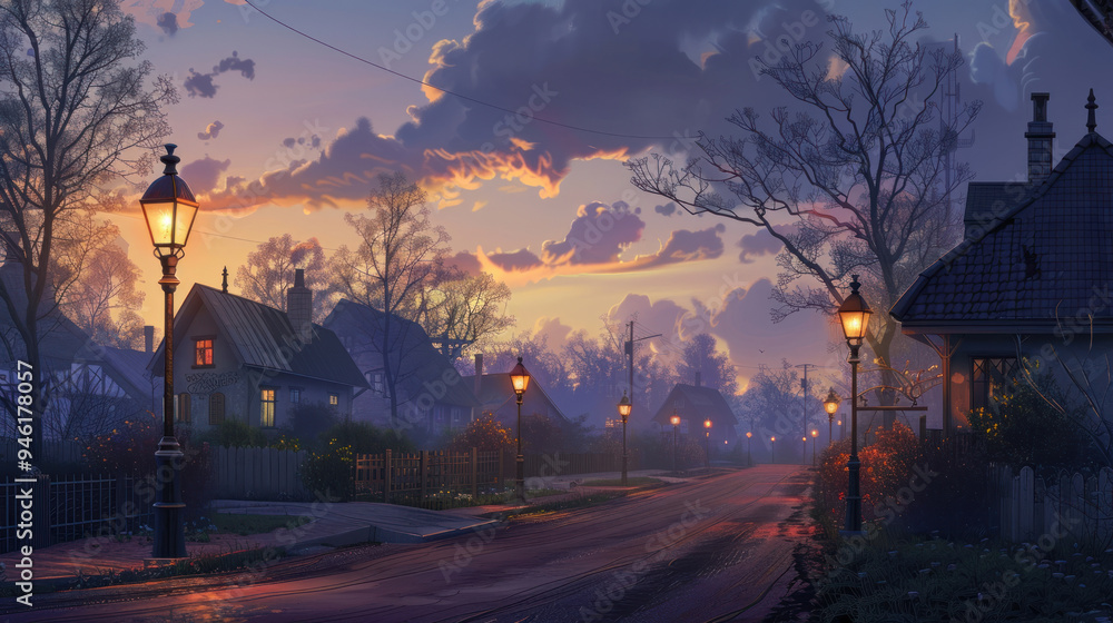 A road through a small village at dawn, with houses and street lamps softly lit, the sky gradually brightening as the sun begins to rise, and a peaceful, tranquil atmosphere A road through a small village at dawn, with houses and street lamps softly lit, the sky gradually brightening as the sun begins to rise, and a peaceful, tranquil atmosphere
