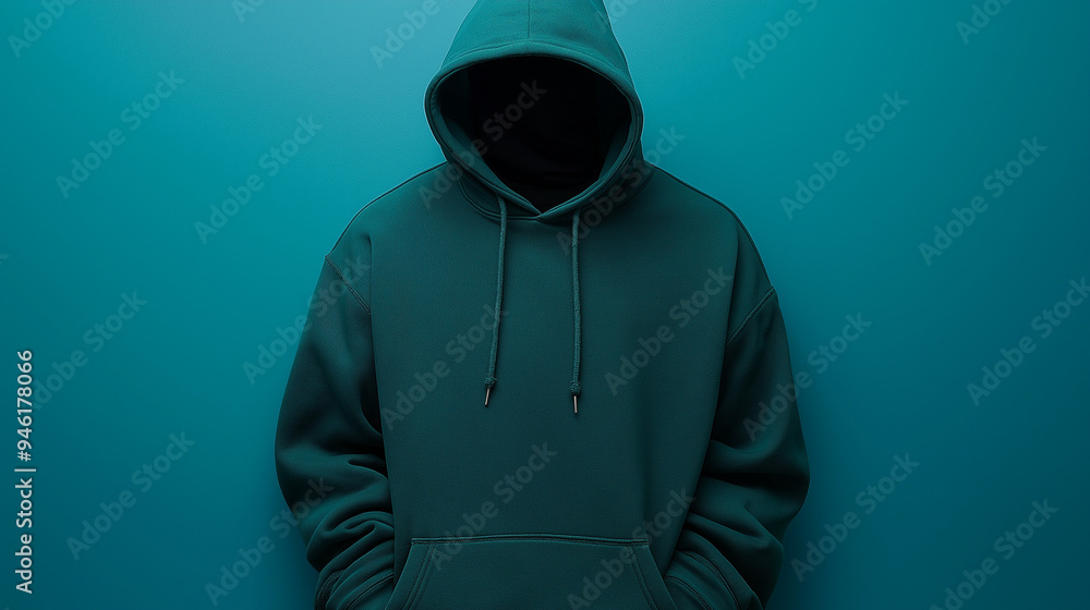 Front view male model wearing teal hoodie mockup with hands in pockets Front view male model wearing teal hoodie mockup with hands in pockets