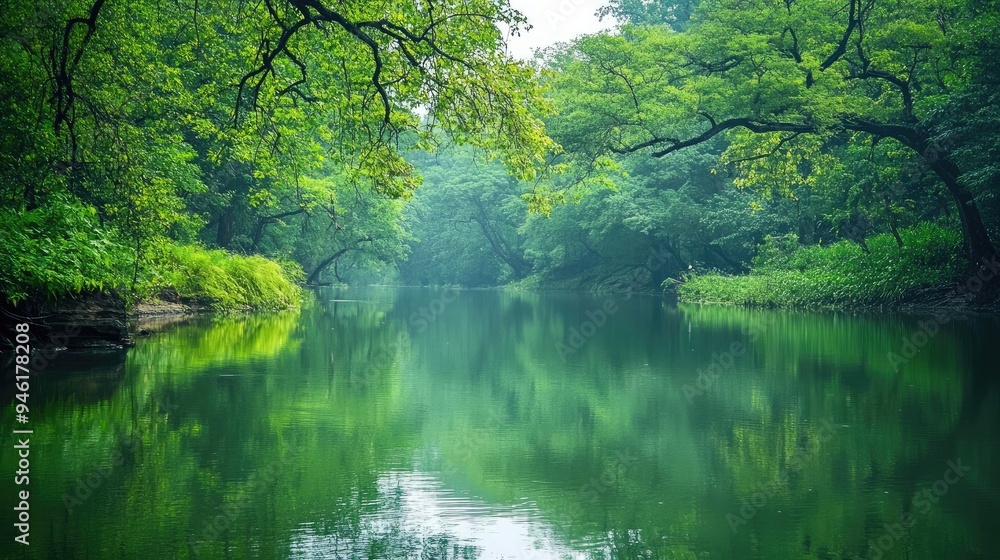 Silent Indian Riverbank: A peaceful riverbank in India, with lush greenery and calm waters, reflecting the natural beauty Silent Indian Riverbank: A peaceful riverbank in India, with lush greenery and calm waters, reflecting the natural beauty