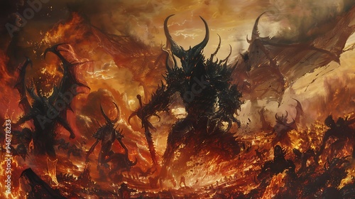 Towering demons with horns and scales, wielding fiery weapons in a landscape of eternal torment, fierce and threatening photo