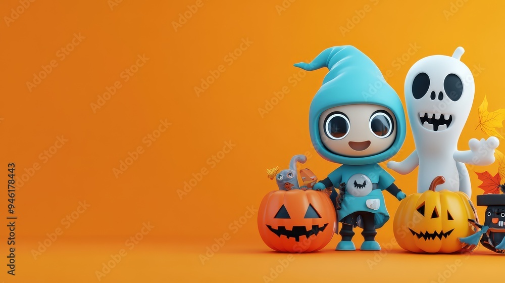 Cute 3D cartoon characters in Halloween costumes, trick-or-treating with a neat and clean abstract background. Cute 3D cartoon characters in Halloween costumes, trick-or-treating with a neat and clean abstract background.