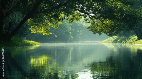 Silent Indian Riverbank: A peaceful riverbank in India, with lush greenery and calm waters, reflecting the natural beauty