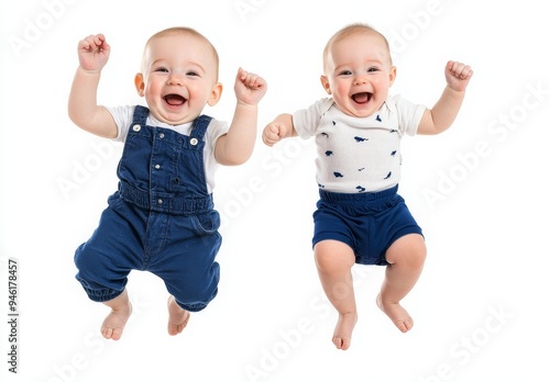 Set of joyful, happy, excited, cheerful, cheery baby toddlers - celebrating, throwing up arms.