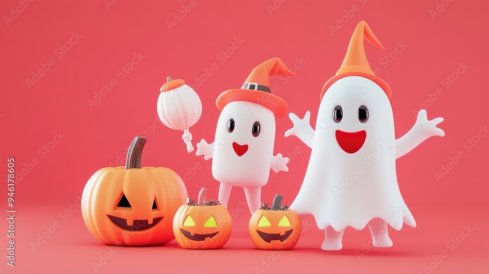 Cute 3D cartoon ghosts in playful costumes, trick-or-treating against a simple, clean background with a consistent color palette. Cute 3D cartoon ghosts in playful costumes, trick-or-treating against a simple, clean background with a consistent color palette.