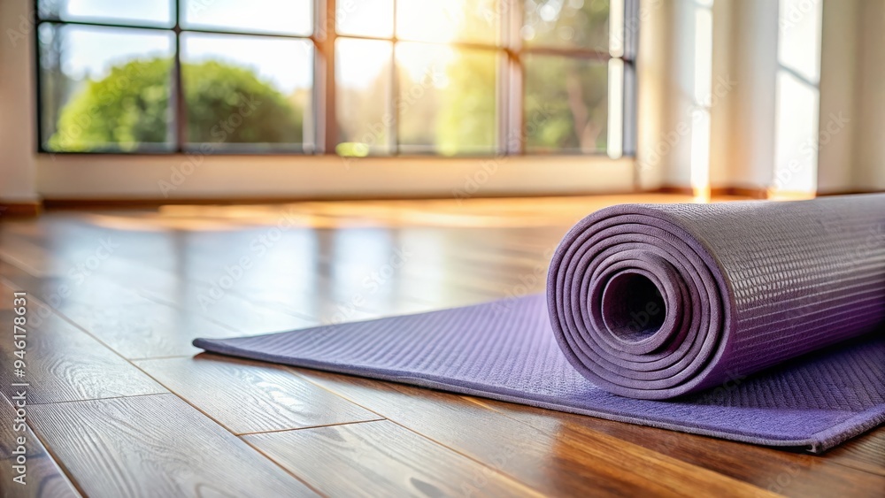 Close up of unrolled yoga mat on wooden floor in spacious and empty room Close up of unrolled yoga mat on wooden floor in spacious and empty room