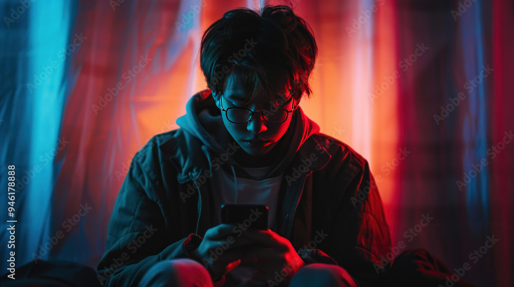 A person sitting alone in a dimly lit room, scrolling through social media on a smartphone, with a mix of positive and negative emotions reflected on their face A person sitting alone in a dimly lit room, scrolling through social media on a smartphone, with a mix of positive and negative emotions reflected on their face