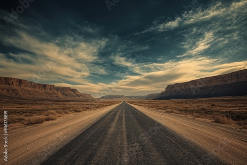 A dirt road in the desert with mountains in the background