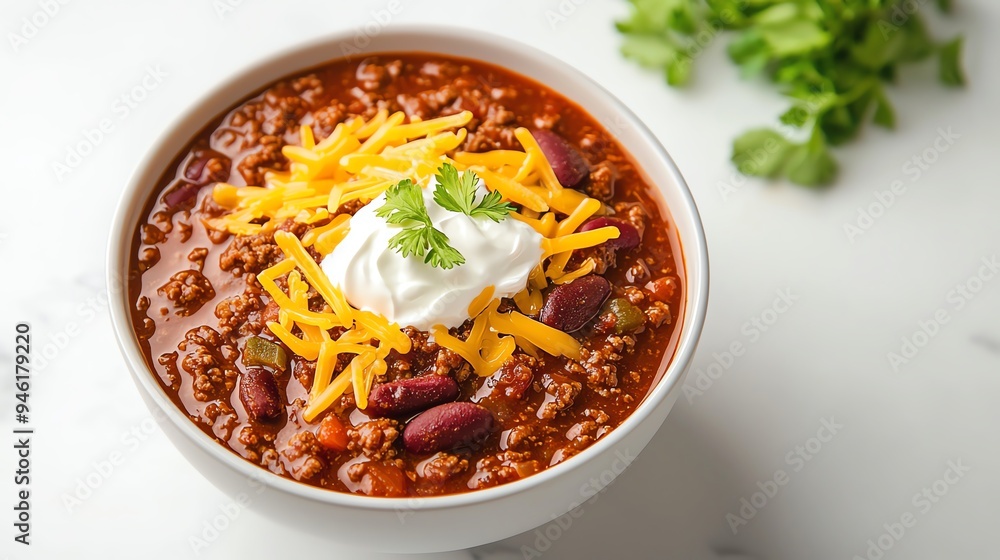Bowl of chili with cheese and sour cream, comfort food, 3D illustration Bowl of chili with cheese and sour cream, comfort food, 3D illustration