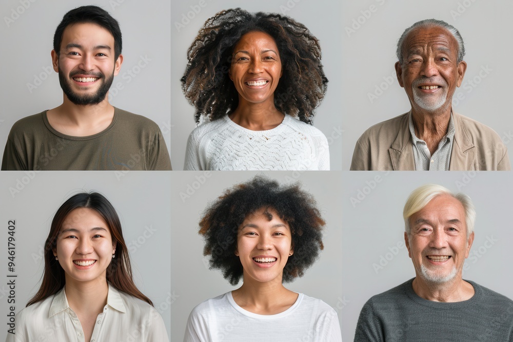 Fototapeta premium Six smiling people of different ages and ethnicities express happiness in a simple, light-filled environment. Generative AI