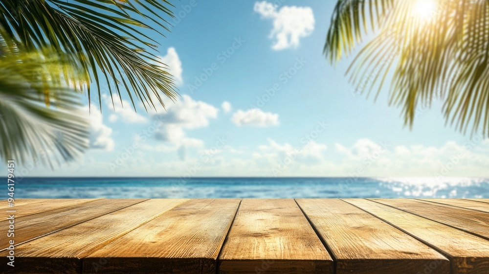 Wooden table top with ocean and sky background. Wooden table top with ocean and sky background.