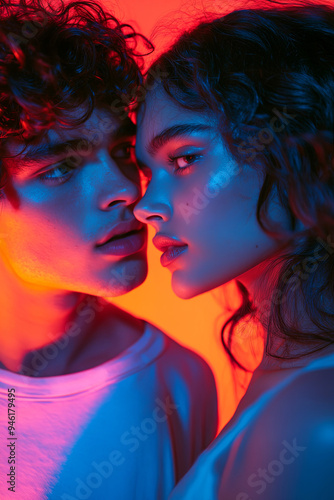 Young curly haired guy standing near dreamy girlfriend looking at each other in neon light in studio
 photo