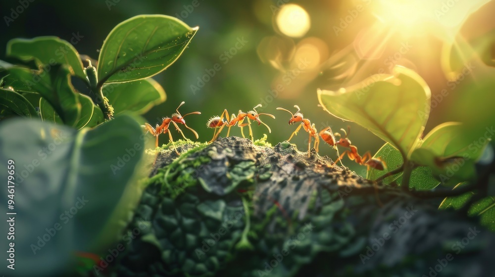 Ants creating a bridge between leaves, showcasing insect teamwork in nature. Ants creating a bridge between leaves, showcasing insect teamwork in nature.