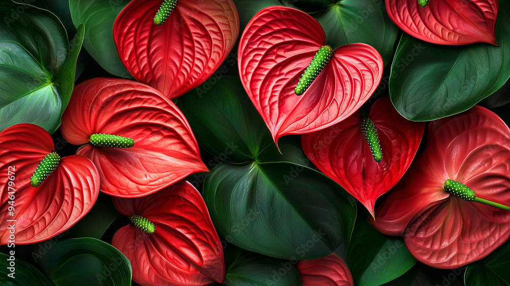 Anthurium Flowers with Red Petals and Green Leaves in a Lush Arrangement Anthurium Flowers with Red Petals and Green Leaves in a Lush Arrangement