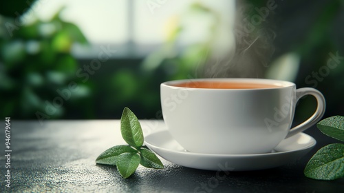 Cup of tea with steam, surrounded by herbs, 3D illustration