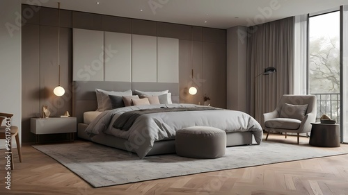 This modern, elegant bedroom is decorated with dark wood furniture and light gray walls. Features a large bed. Leather headboard and cylindrical ceiling lamps, generetive ai