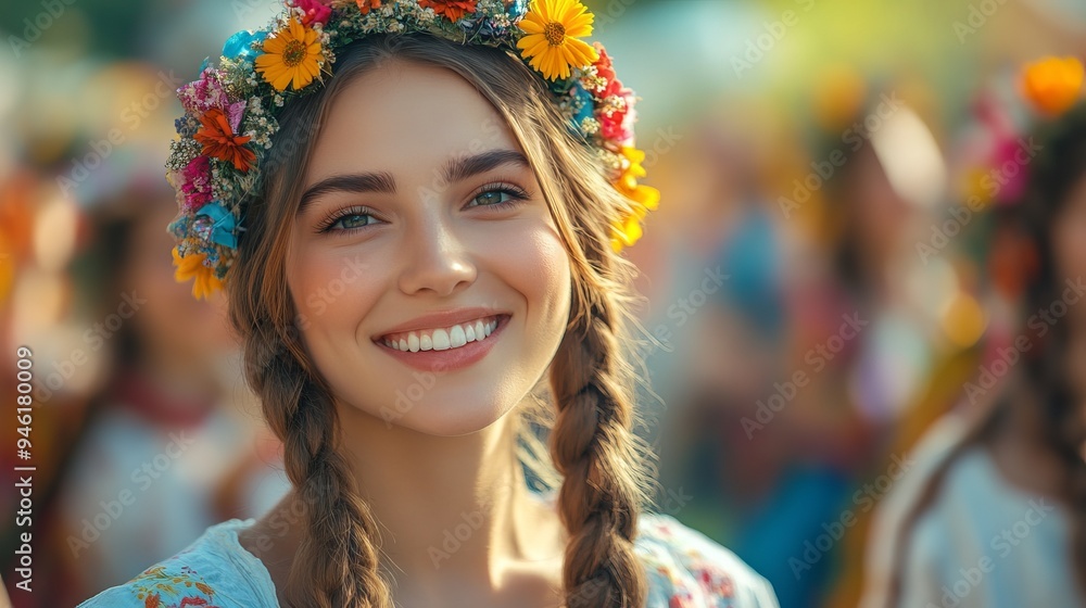 Beautiful smiling woman wearing flower wreath at summer festival Beautiful smiling woman wearing flower wreath at summer festival