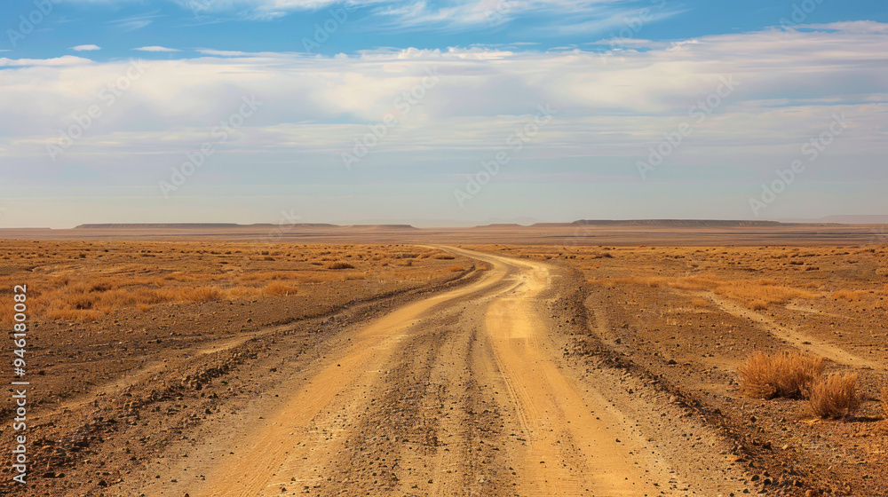 A narrow dirt road winding through an empty, barren desert, fading into the distance with no visible destination, surrounded by endless sand and dry shrubs A narrow dirt road winding through an empty, barren desert, fading into the distance with no visible destination, surrounded by endless sand and dry shrubs