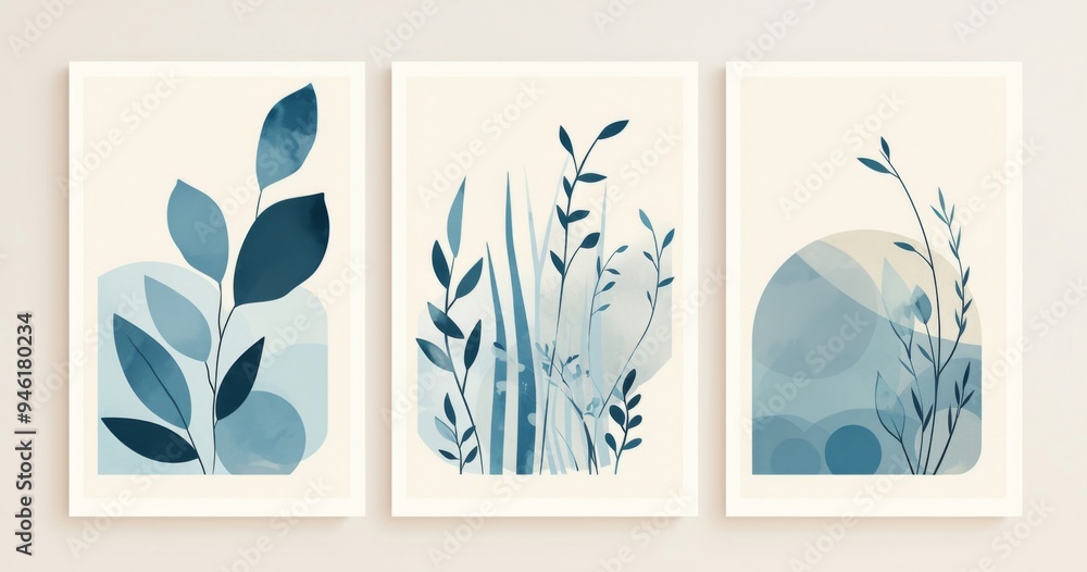 Abstract Botanical Art Set of Three Wall Frames - Simple Line Art in Muted Blue and Gray plant Abstract Botanical Art Set of Three Wall Frames - Simple Line Art in Muted Blue and Gray plant