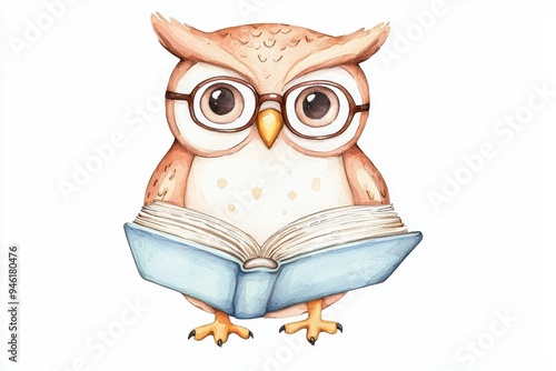 Nerdy owl reading a book, glasses perched on beak, isolated on white, watercolor style photo