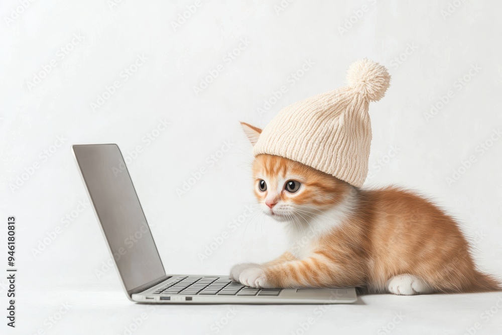 Kitten in student hat typing on a laptop, focused on learning, isolated on white, watercolor style Kitten in student hat typing on a laptop, focused on learning, isolated on white, watercolor style